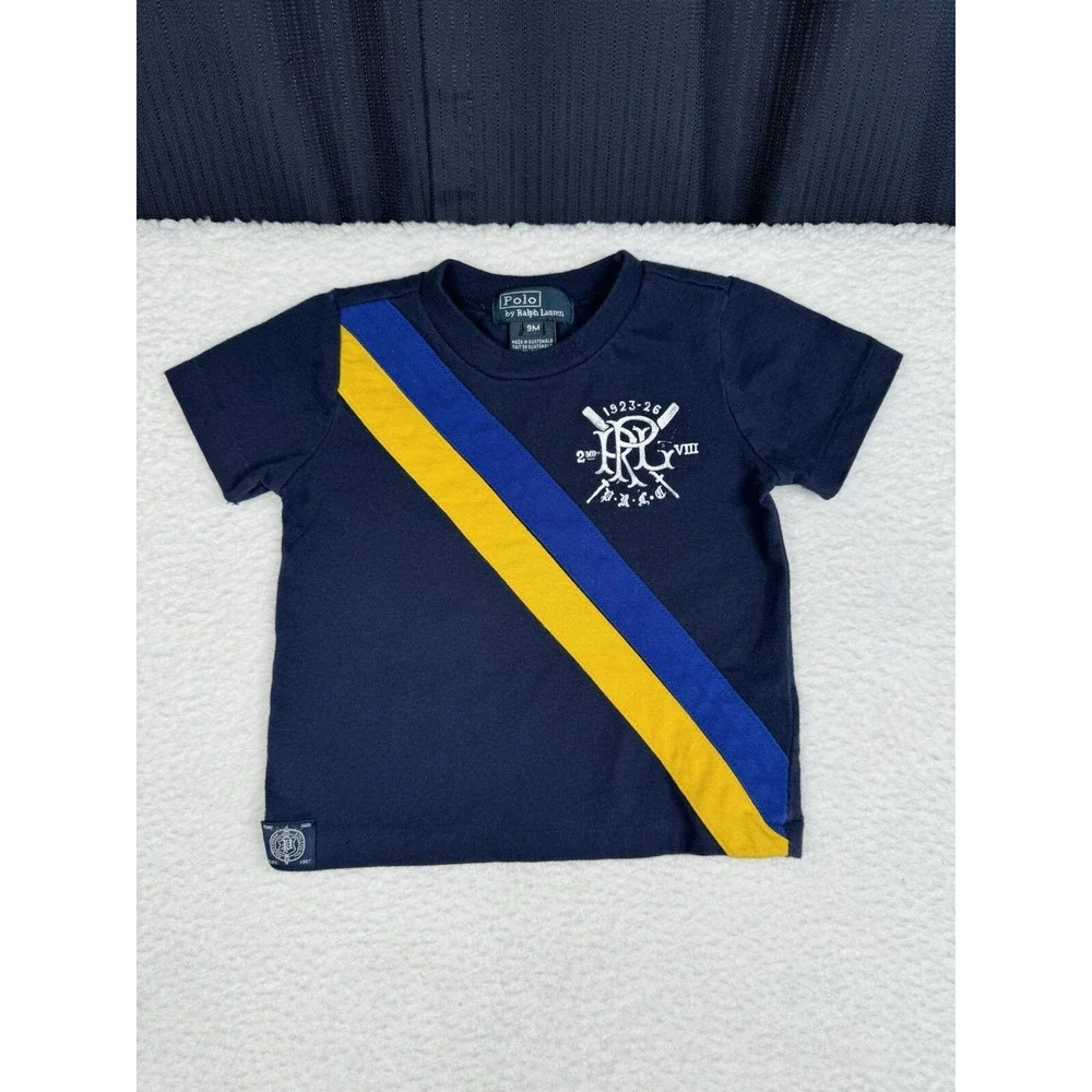 Ralph Lauren Navy Blue Shirt Yellow Blue Stripe Crest - Youth 9M